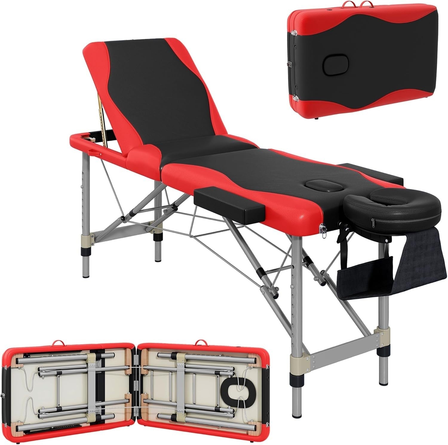 Portable Massage Table 3-Section Foldable Aluminium Beauty Bed w/ Bag Red Black