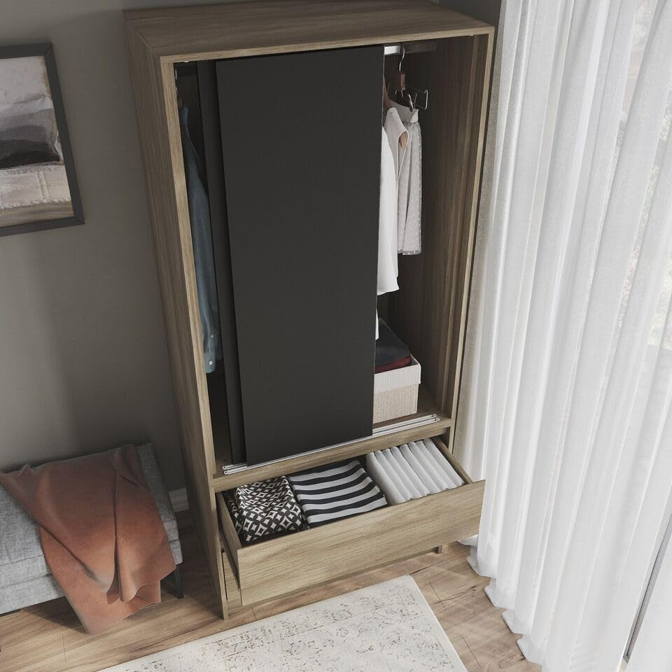 Modern 2-Door 2-Drawer Sliding Wardrobe with Hanging Rail & Adjustable Feet