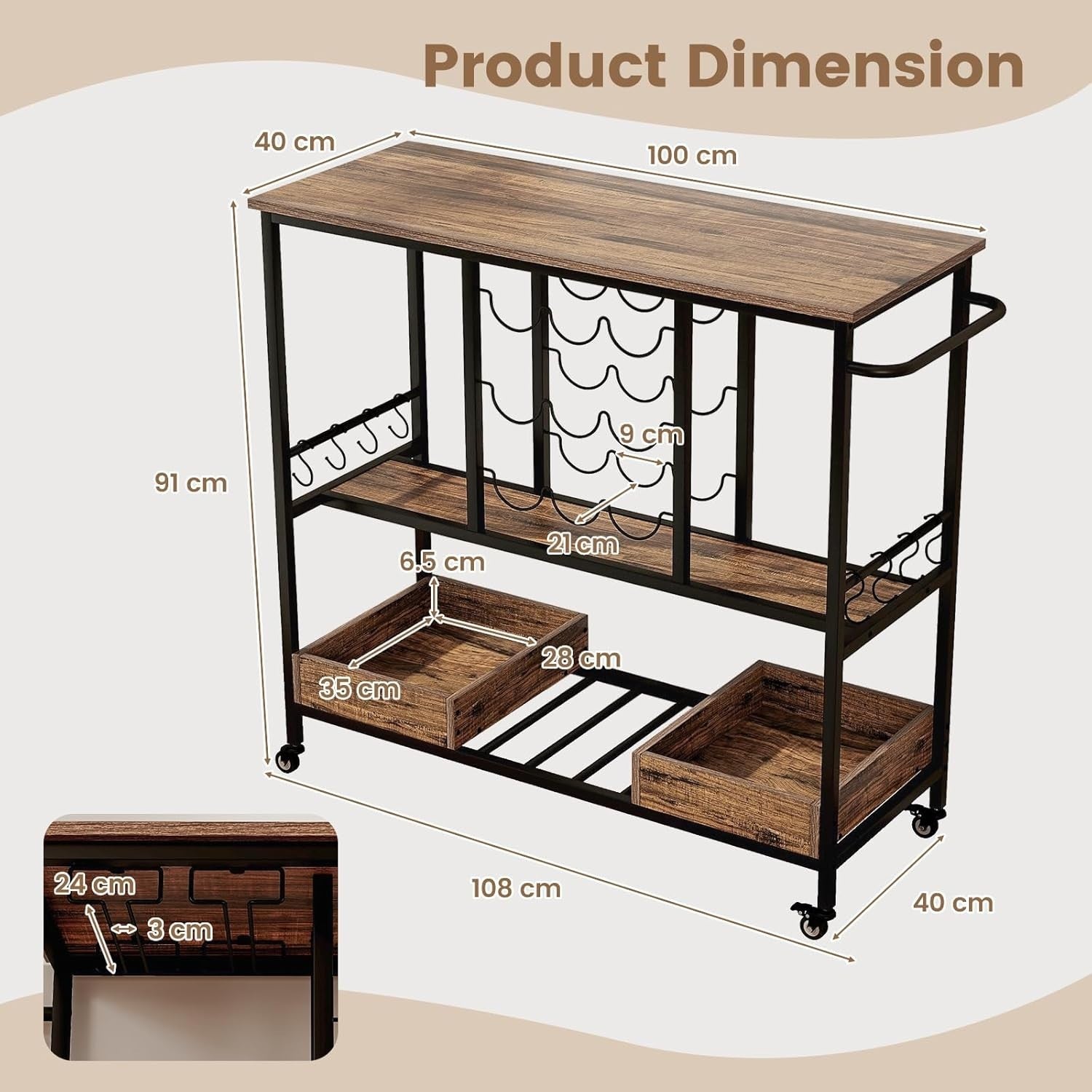 3 Tier Rolling Bar Cart 9 Bottle Wine Rack Drinks Trolley