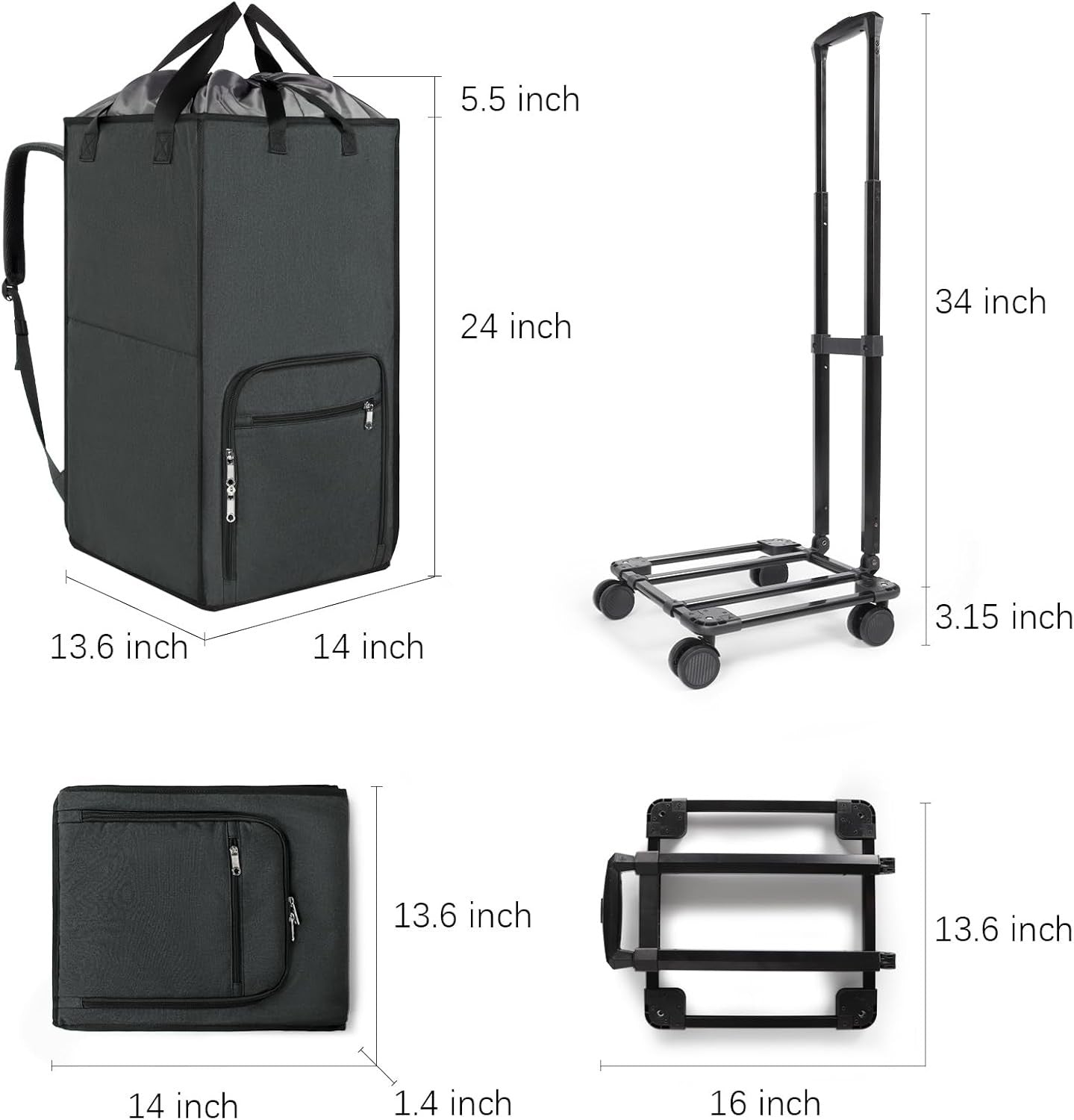 90L Rolling Laundry Basket with Wheels Large Collapsible Hamper Bag & Cart Grey