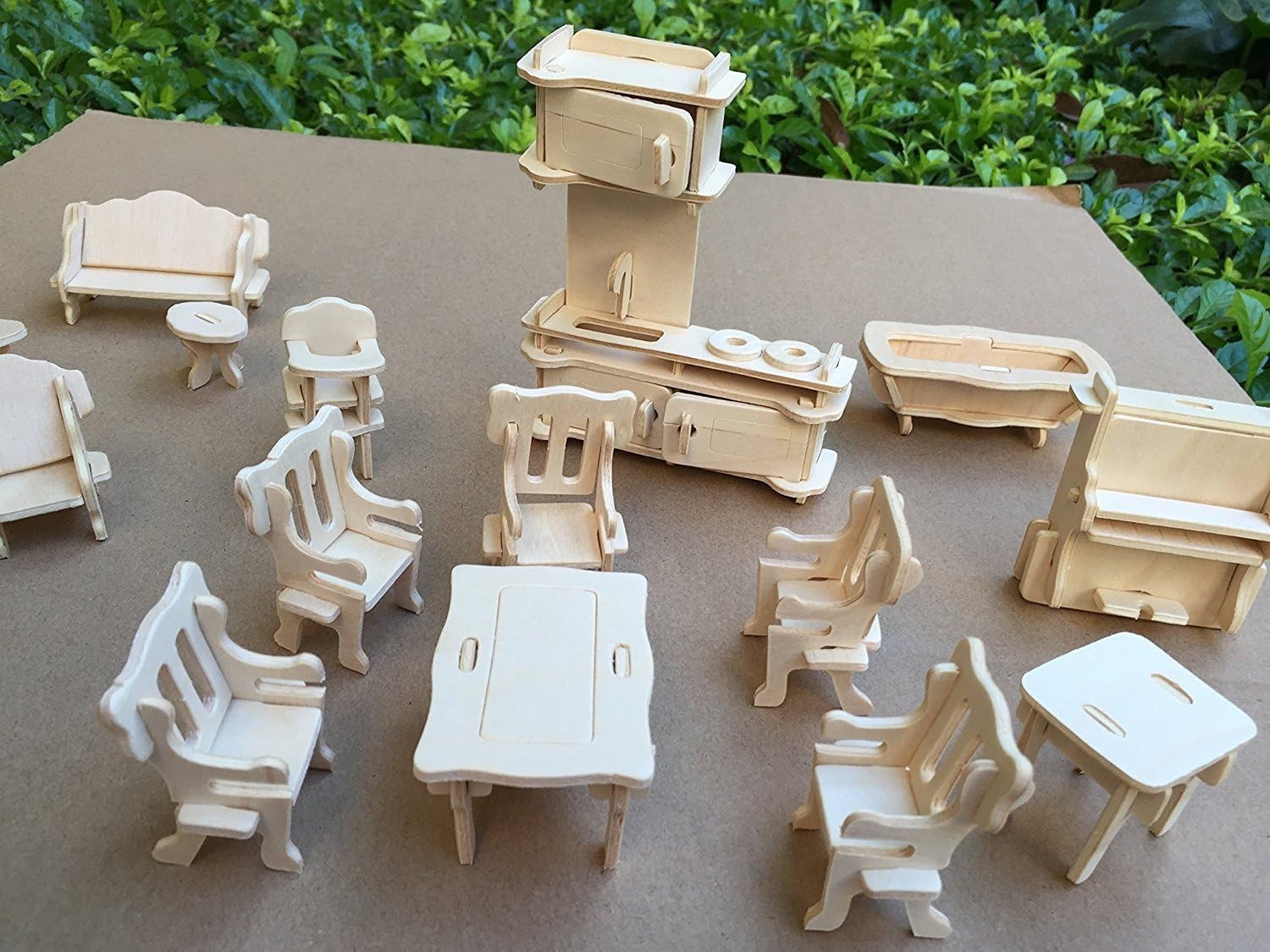 Wooden Dollhouse Furniture Set - 34 Pieces Miniature DIY Kit, Paintable