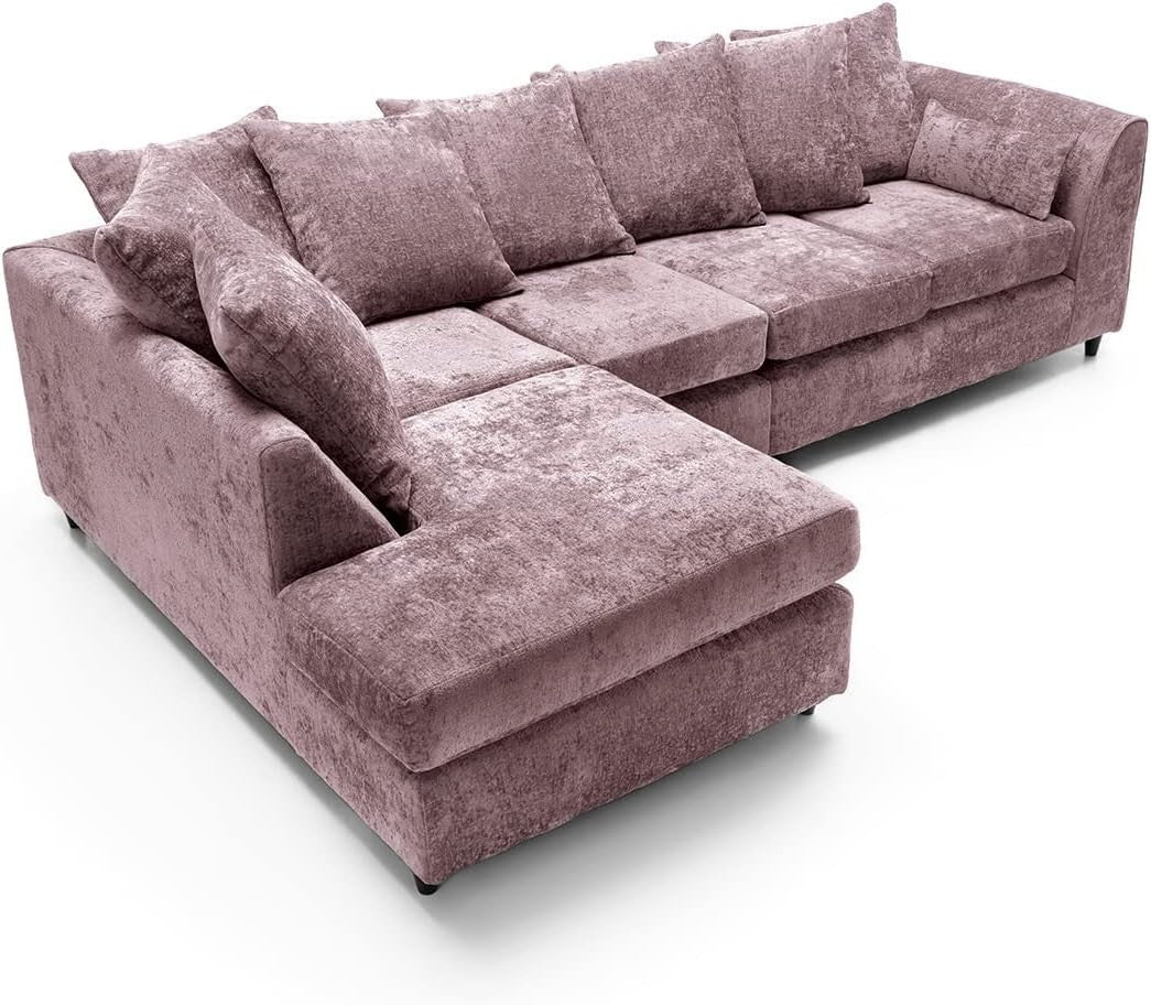 Large Pink Chenille Corner Sofa – Modern L Shape 5 Seater Couch w/ Covers