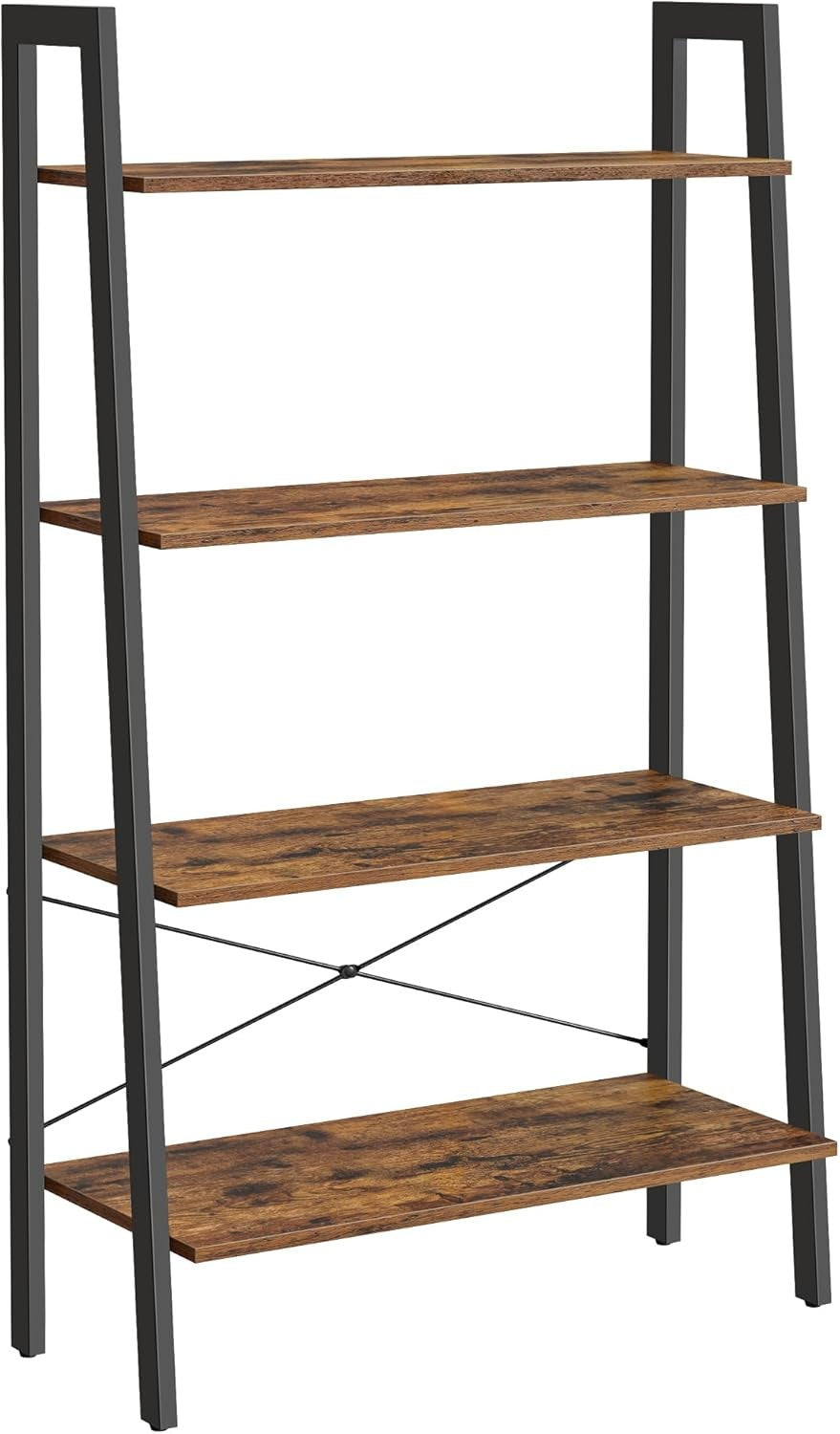 4-Tier Rustic Industrial Ladder Shelf – Brown Wood Storage Unit for Home & Offic