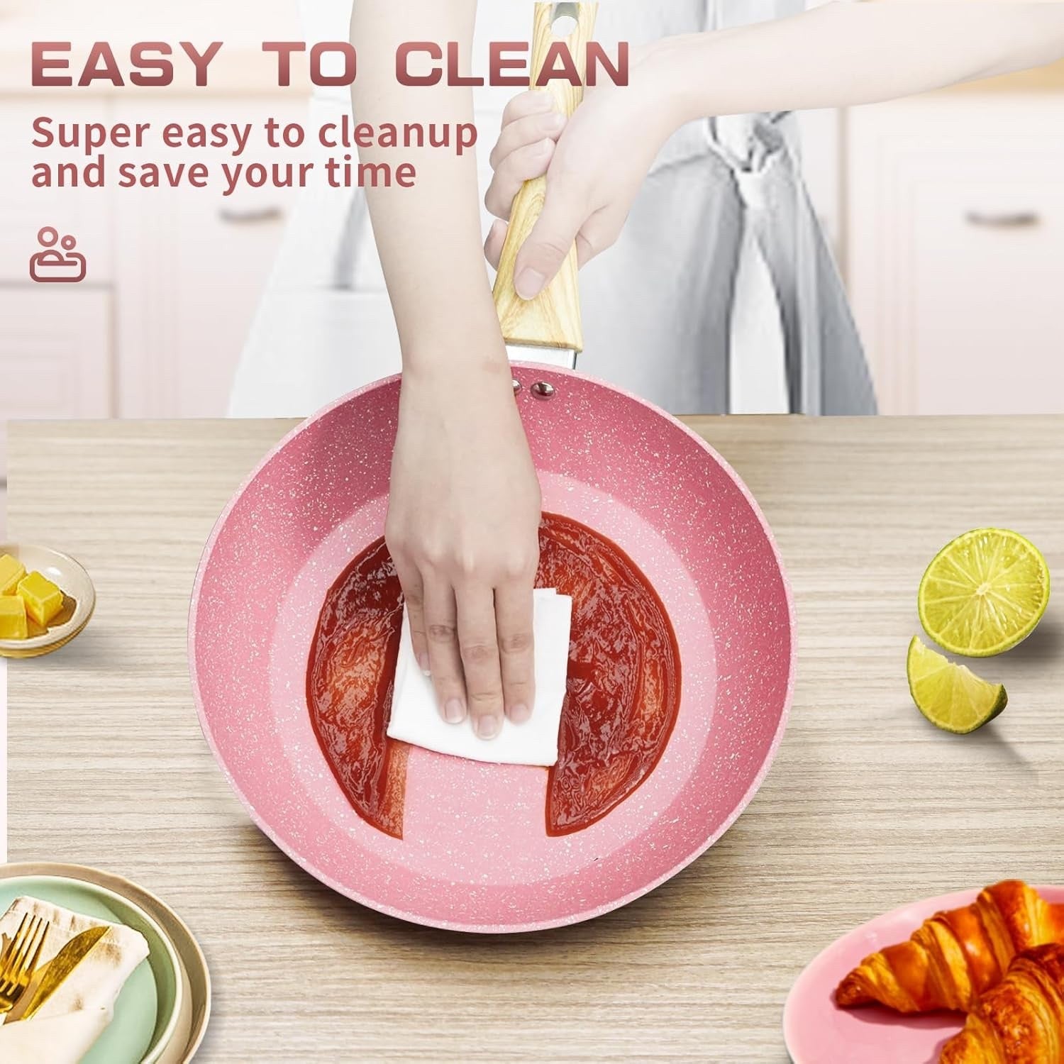 8Pcs Pink Ceramic Non-Stick Cookware Set Induction Ready Frying Pans & Saucepan