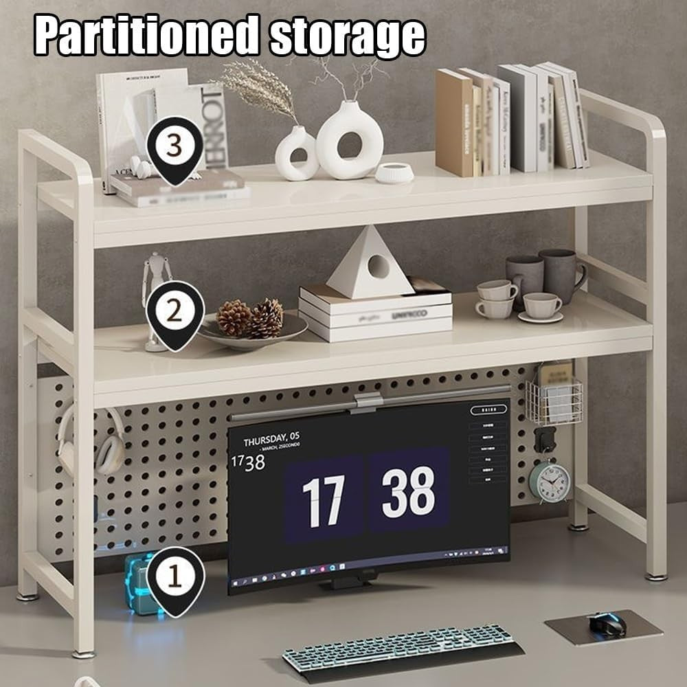 2-Tier Desktop Shelf Organizer | Metal Desk Storage Rack w/ Grid Panel 55cm