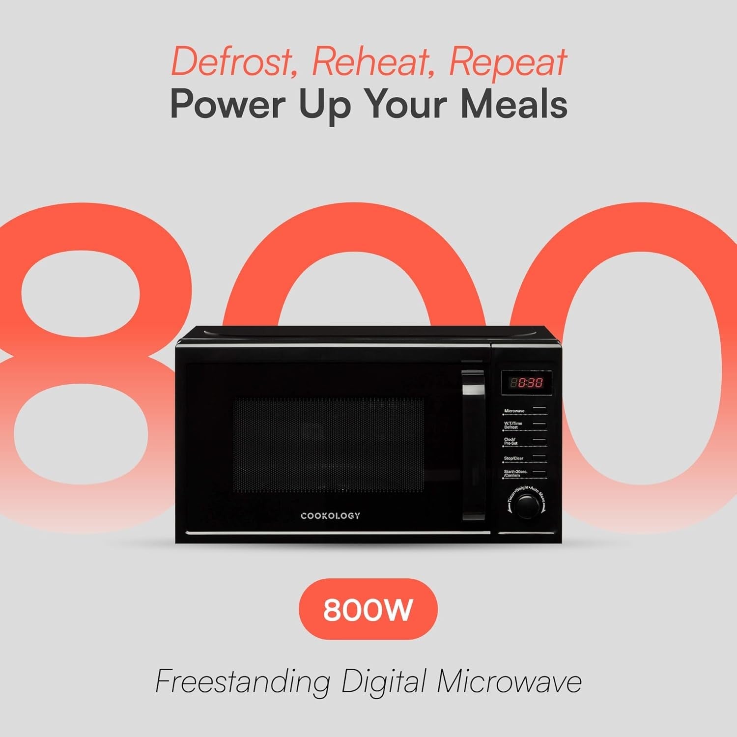 Black 20L Freestanding Digital Microwave 800W 8 Functions Quick Defrost