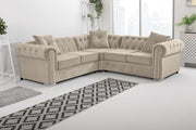 Cream Plush Velvet Chesterfield Corner Sofa – Diamond Detail, Foam Cushions