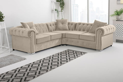 Cream Plush Velvet Chesterfield Corner Sofa – Diamond Detail, Foam Cushions