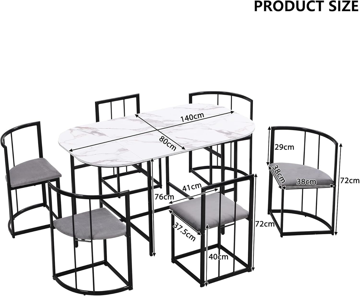 Modern 6-Piece Dining Table Set with Storage & Cushioned Chairs, 140x80x76cm