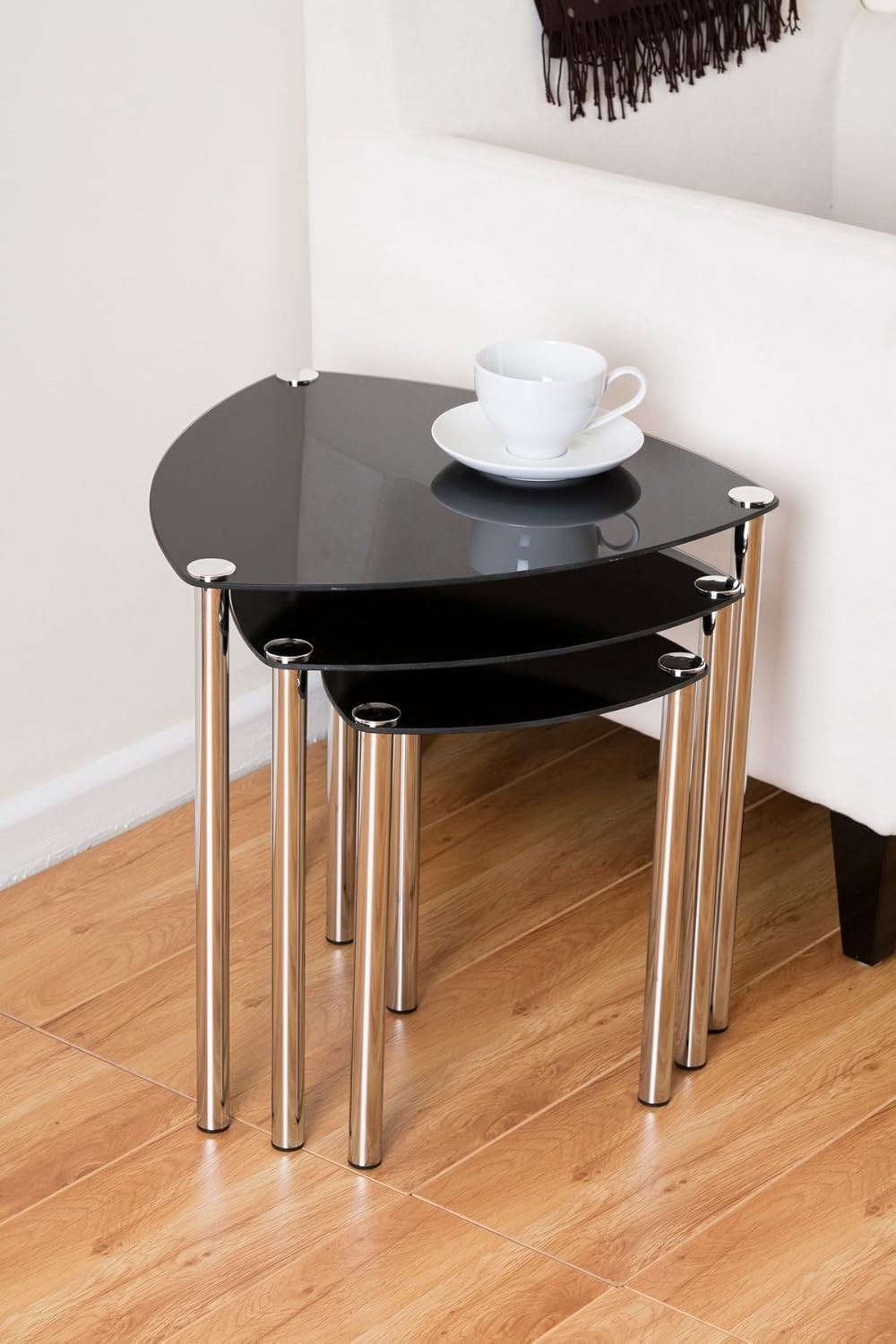 Set of 3 Black Glass Triangle Nesting Tables Chrome Steel Frame Home Decor