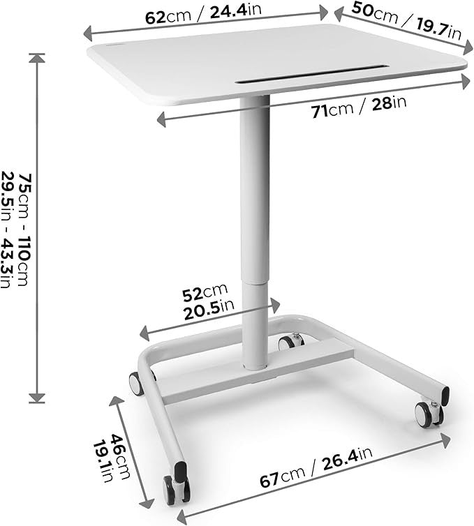 Mobile Sit Stand Desk on Wheels Adjustable Laptop Table Ergonomic White