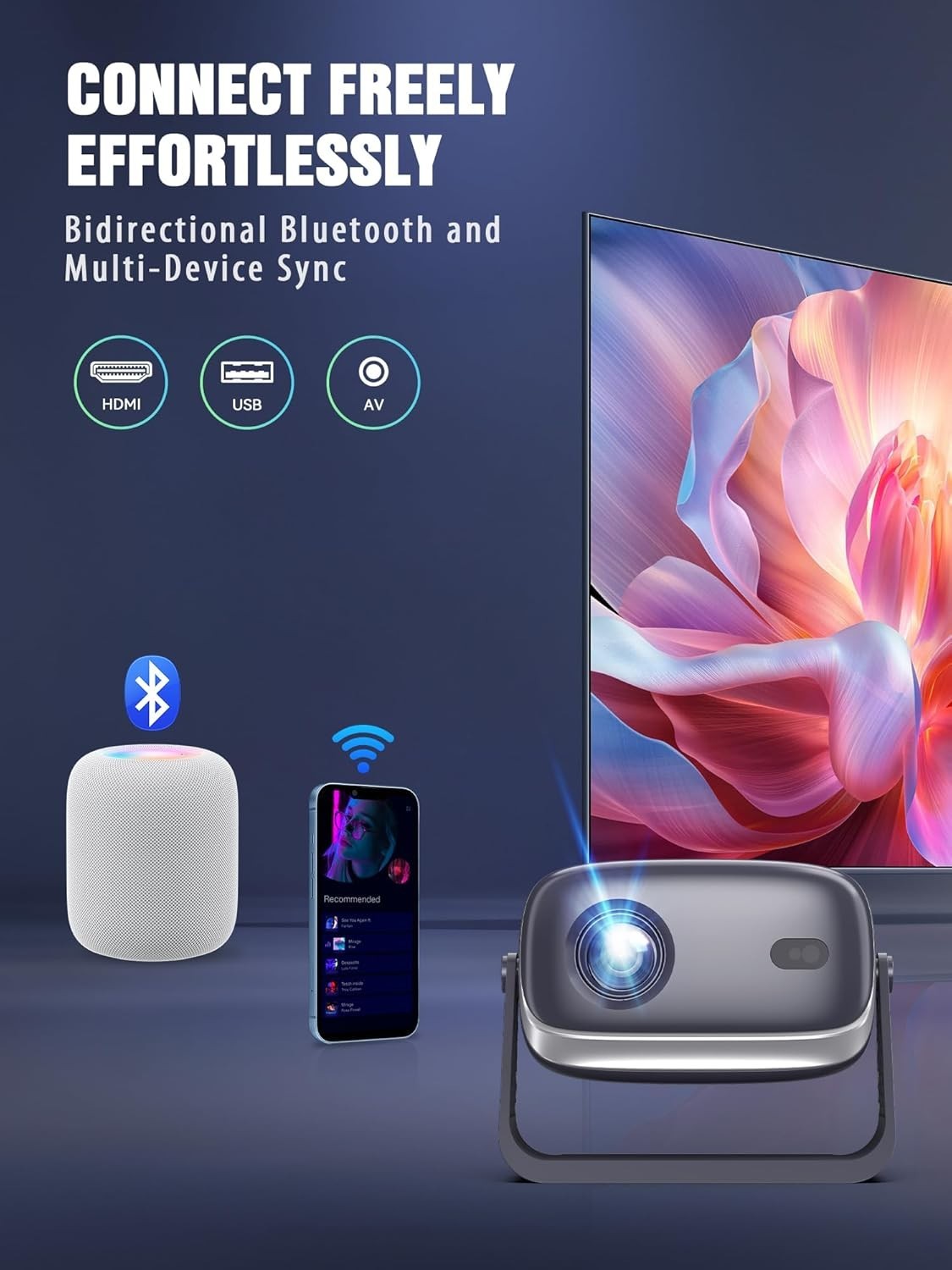 Smart 4K Mini Projector WiFi 6 Bluetooth Auto Focus 1080P 200in