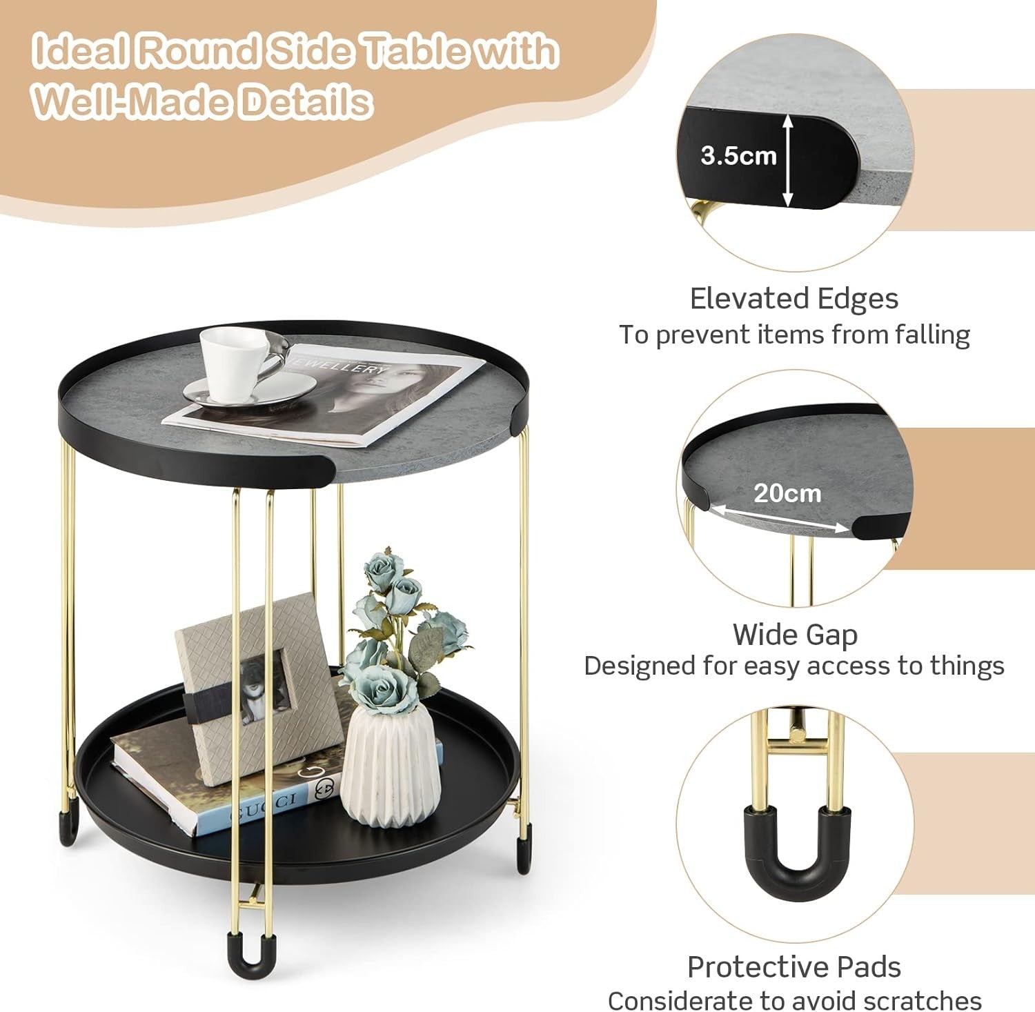 Round Marble Side Table Black Gold | 2-Tier Sofa End Table with Tray & Wheels