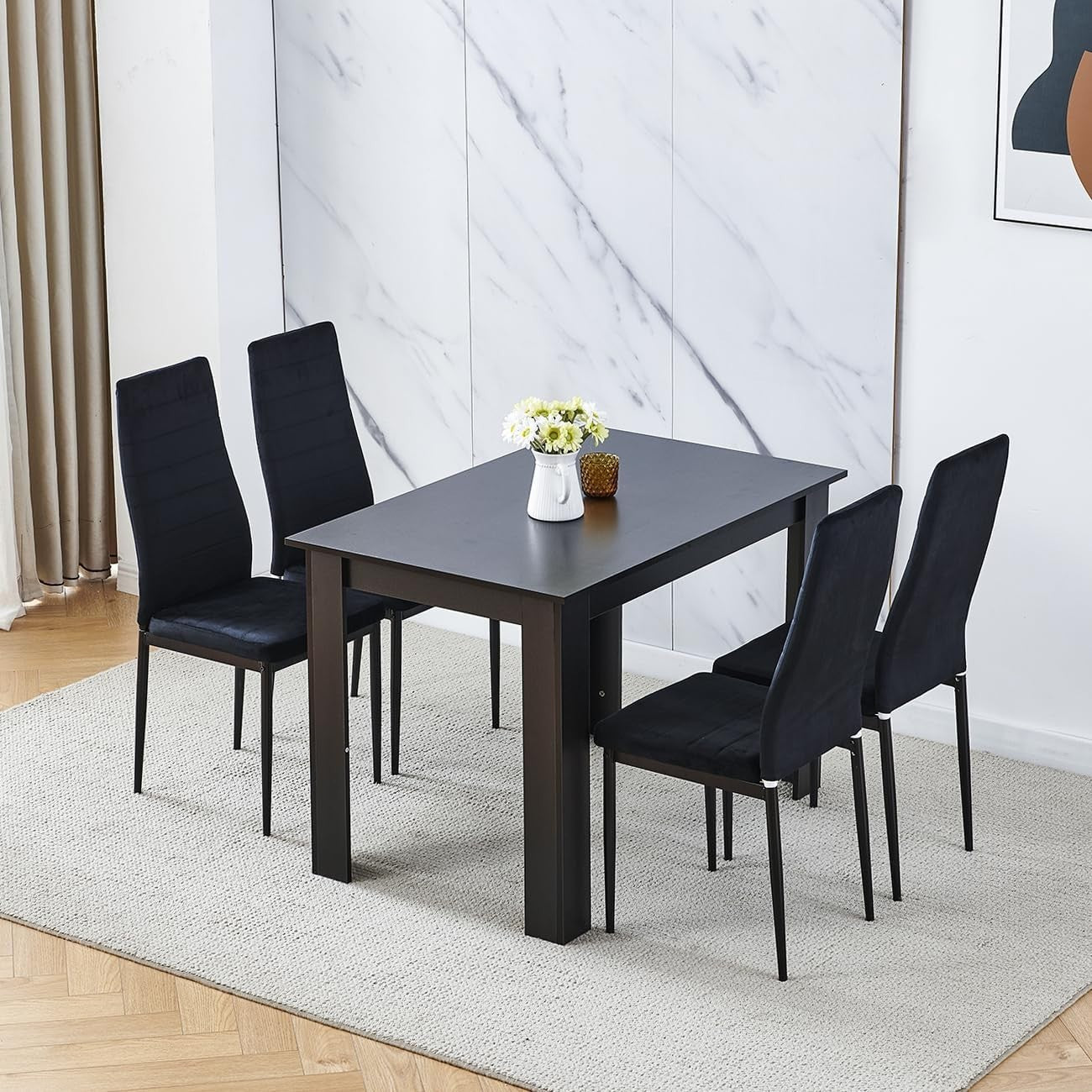 Black Dining Table Set 4 Velvet Chairs Space Saving Kitchen Room