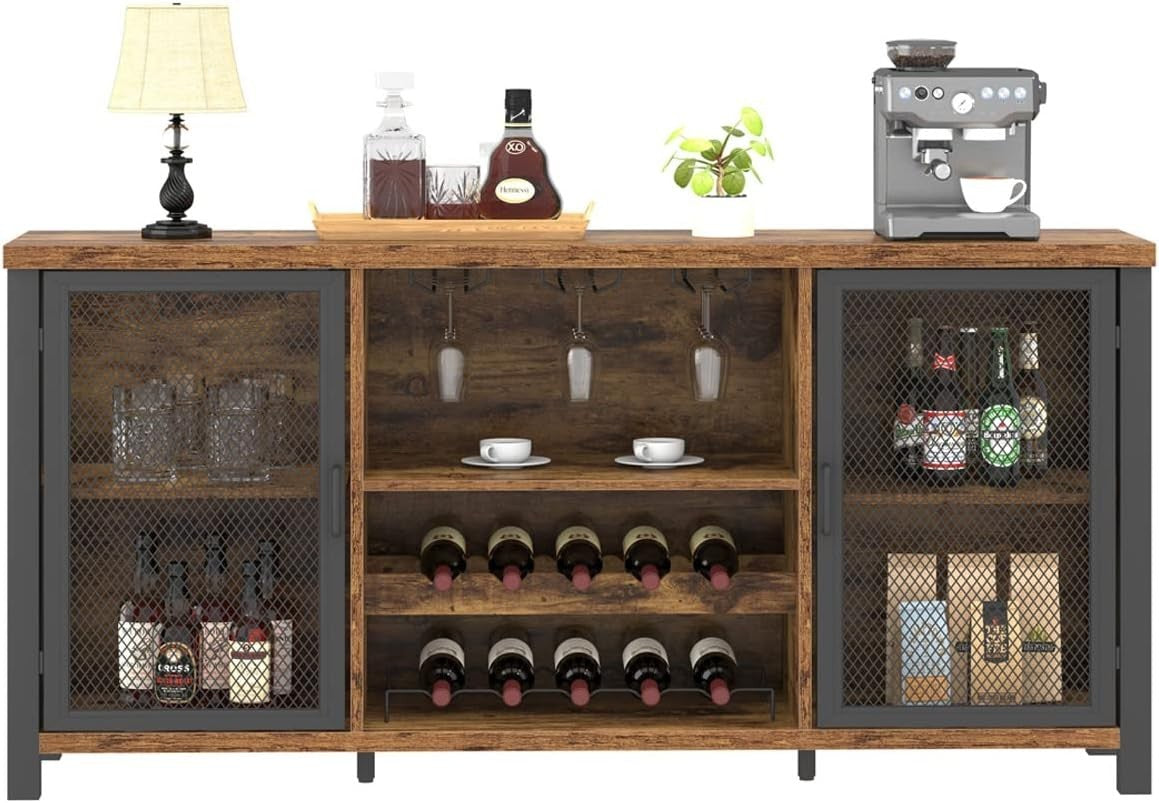 Rustic Industrial Bar Sideboard Cabinet with Wine Rack Glass Storage 140cm