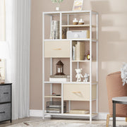 7-Tier Industrial Bookshelf with Drawers, Tall Storage Display Unit Beige