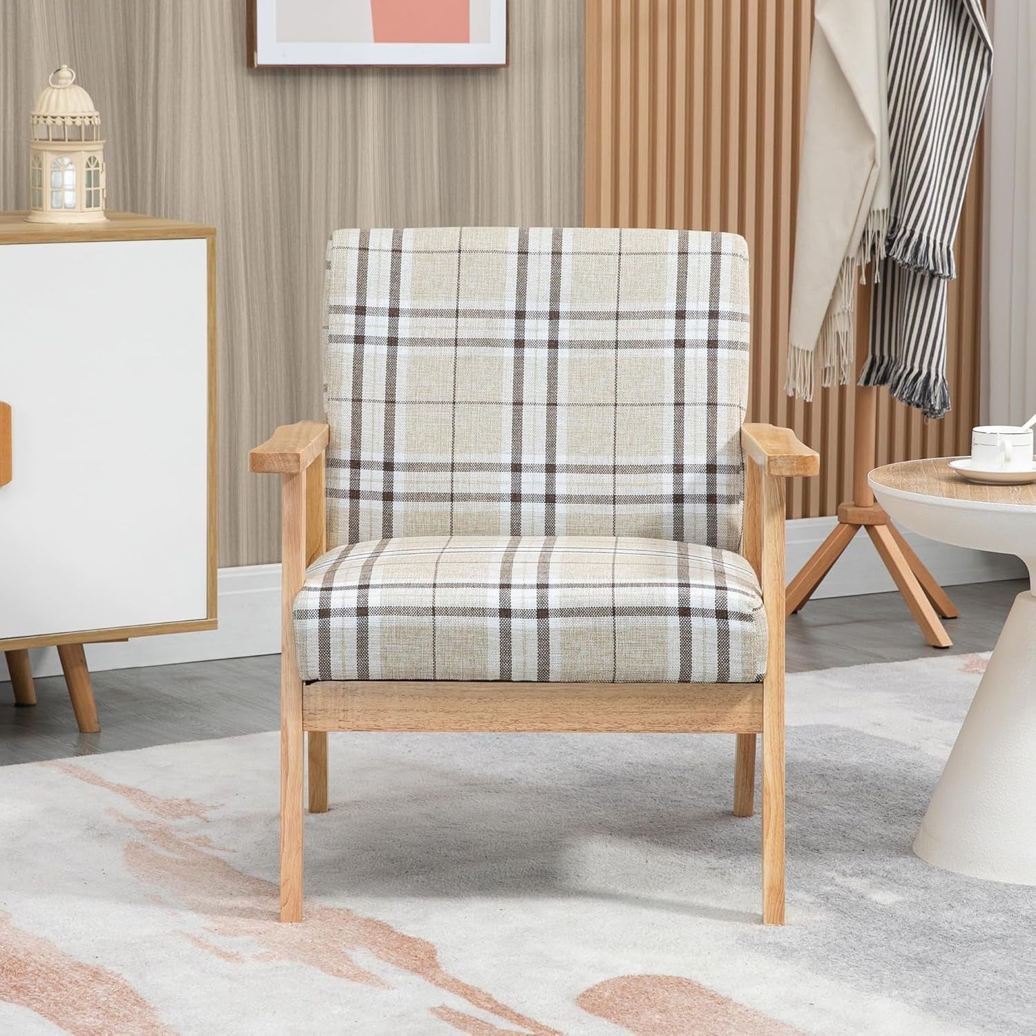 Modern Beige Linen Armchair with Rubberwood Frame – Comfortable 1-Seater Sofa