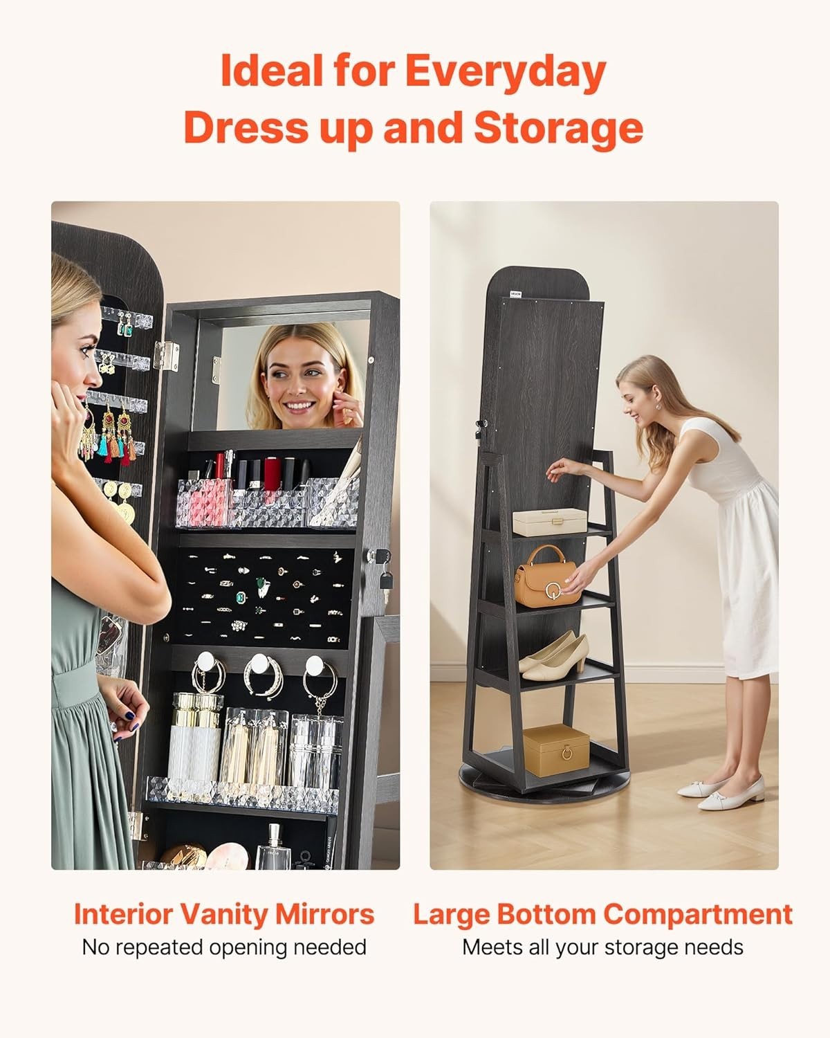 Black 360 Swivel Jewelry Armoire Full Length Mirror Lockable Storage