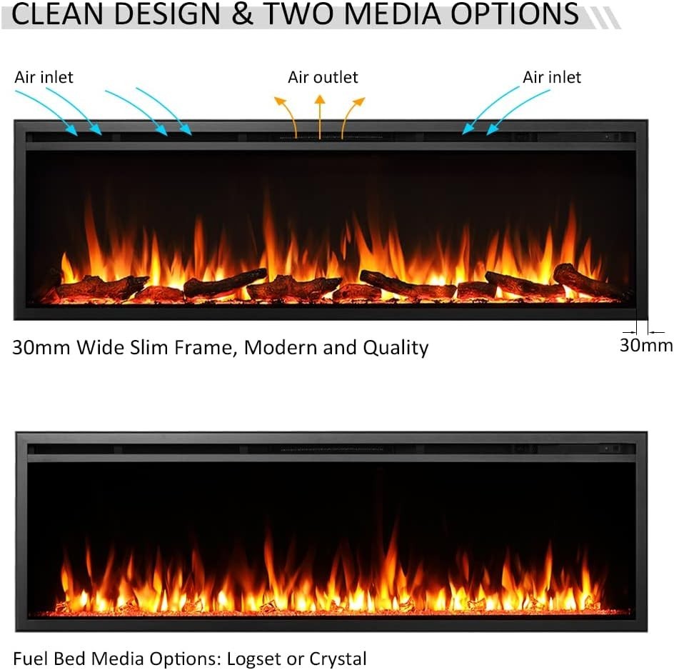 60" Wall Mounted Electric Fireplace Multi Flame Colors 750W-1500W Heat