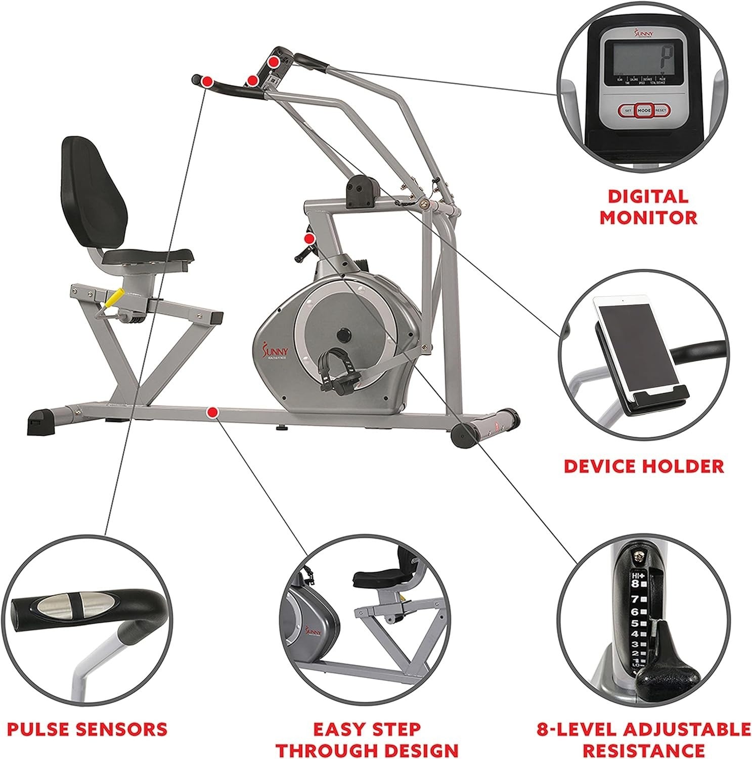 Recumbent Exercise Bike Full Motion Arms Magnetic Resistance LCD Heart Rate Home