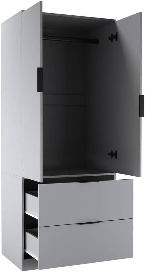 Grey Wardrobe 2 Door 2 Drawer Hanging Rail Shelf Bedroom Storage Unit