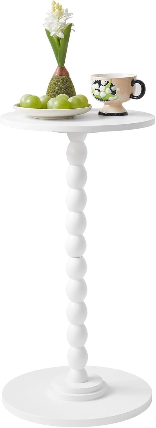 White Round Side Table – Modern Slim Accent Table with Solid Wood Leg for Small