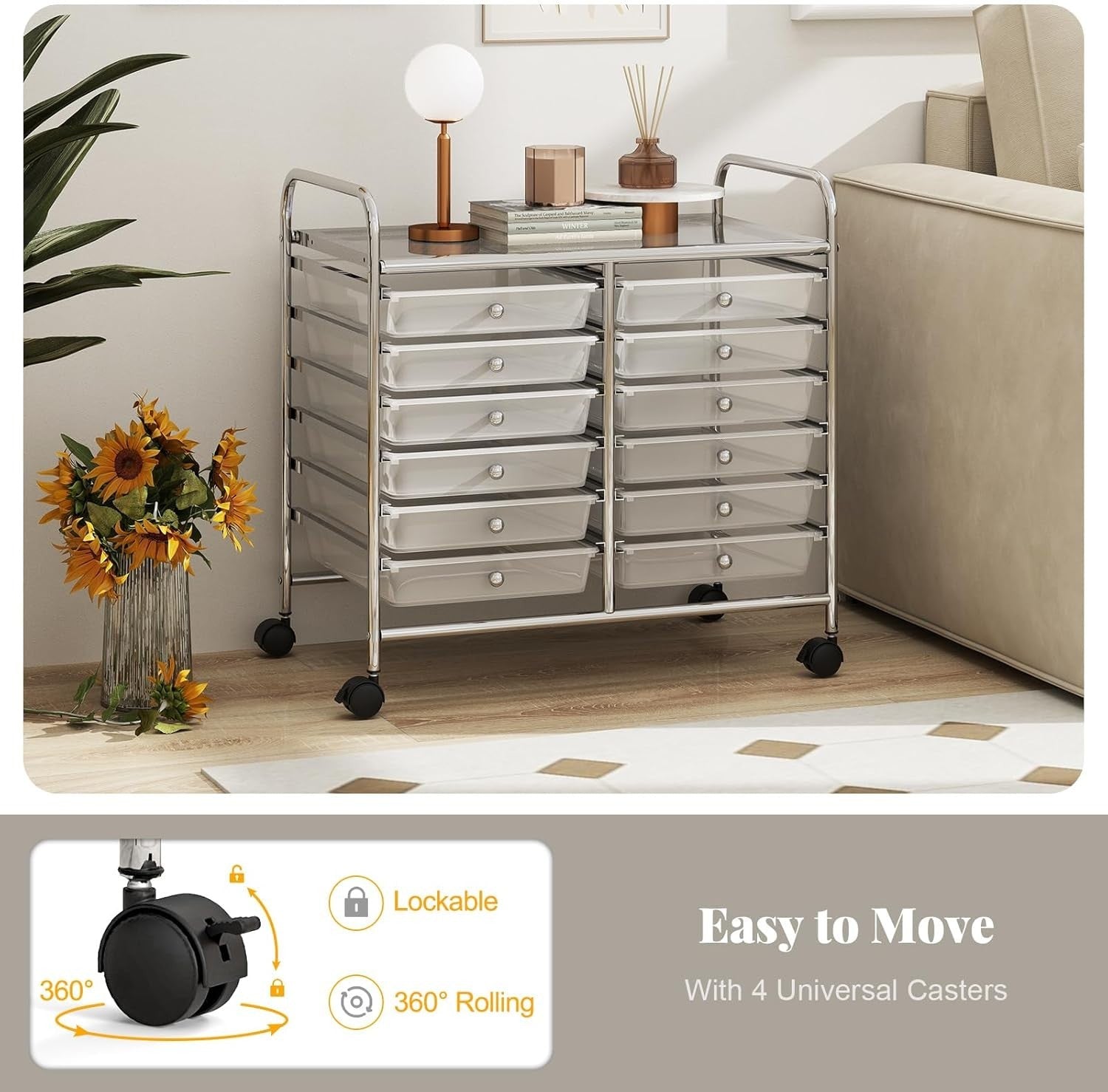 12 Drawer Rolling Storage Cart Clear Utility Trolley Lockable Wheels