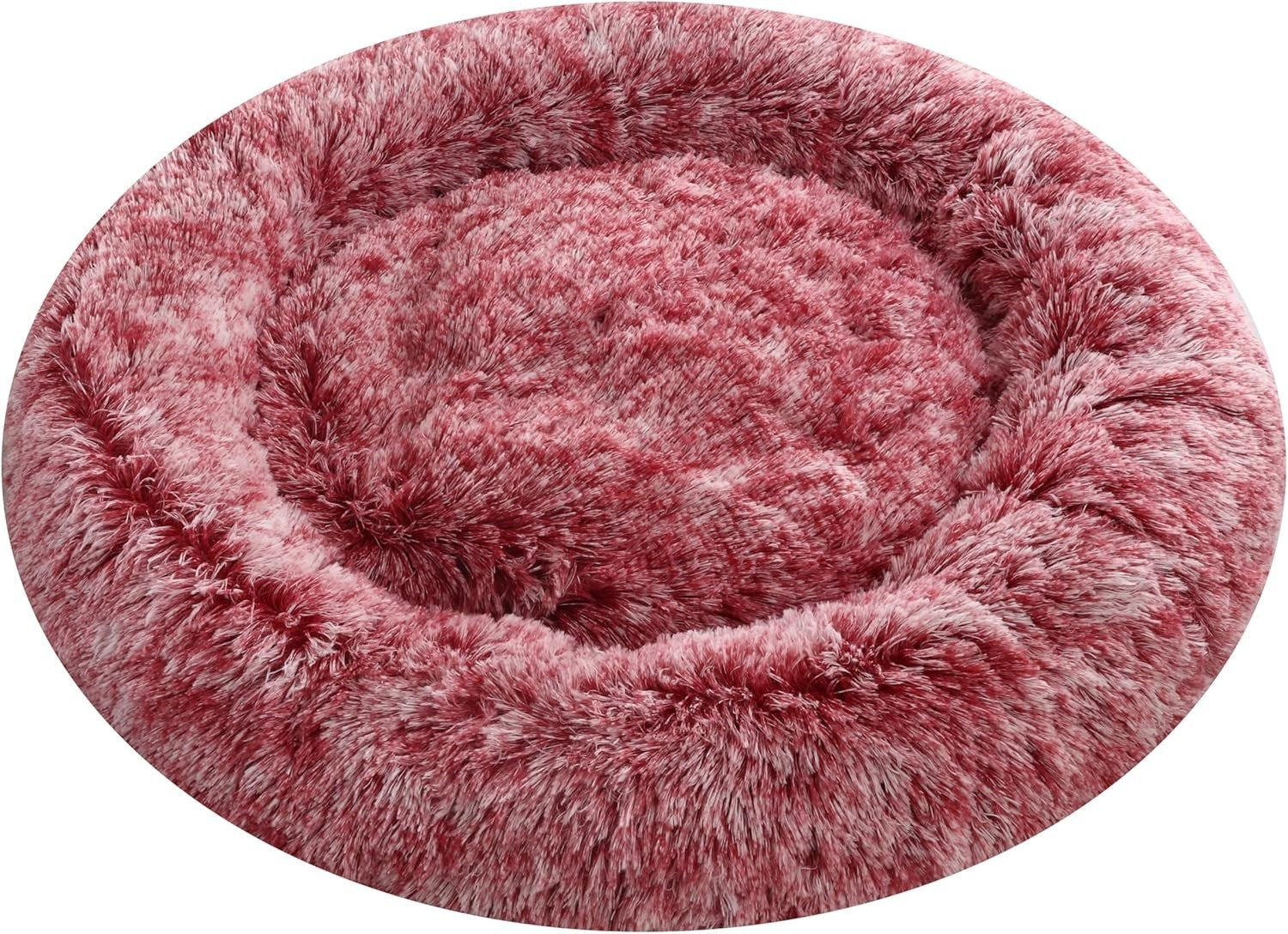 XXL Calming Donut Dog Bed 100cm Anti Anxiety Faux Fur Pink
