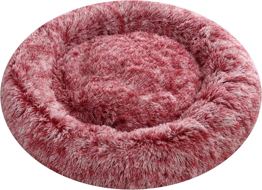 XXL Calming Donut Dog Bed 100cm Anti Anxiety Faux Fur Pink