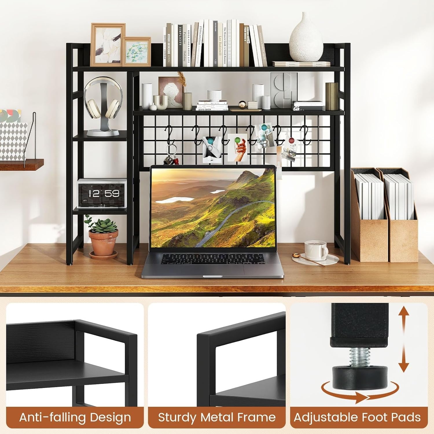 4-Tier Desktop Hutch Bookshelf Monitor Stand with Hooks Office Desk Organizer
