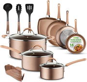 14pcs Gold Ceramic Stackable Non Stick Cookware Set Induction Safe Pots & Pans