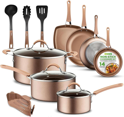 14pcs Gold Ceramic Stackable Non Stick Cookware Set Induction Safe Pots & Pans