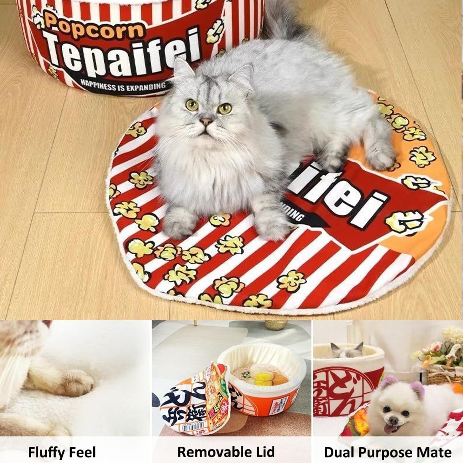 Cat Cave Bed Noodle Cup Warm Hideaway Pet House Non Slip Popcorn