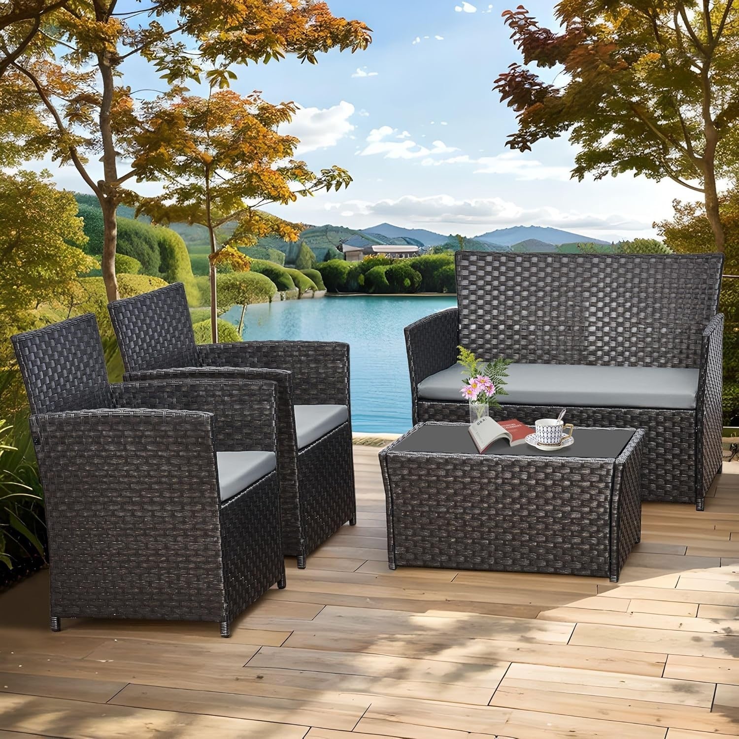 4-Seater Rattan Garden Patio Set | Outdoor PE Wicker Chairs & Glass Table