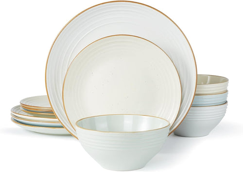 12pc Stoneware Dinner Set Multi Color Gold Rim Plates Bowls Dishwasher Safe