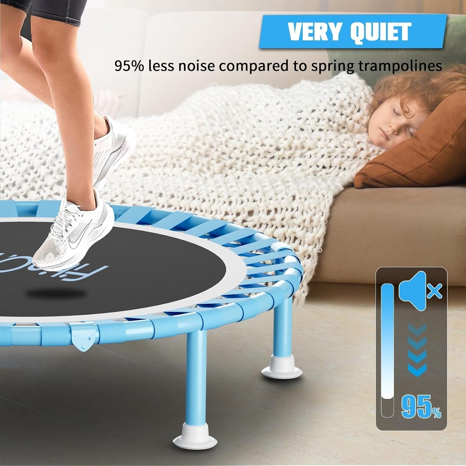 40” Folding Mini Trampoline Indoor Rebounder w T Handle Quiet 150KG