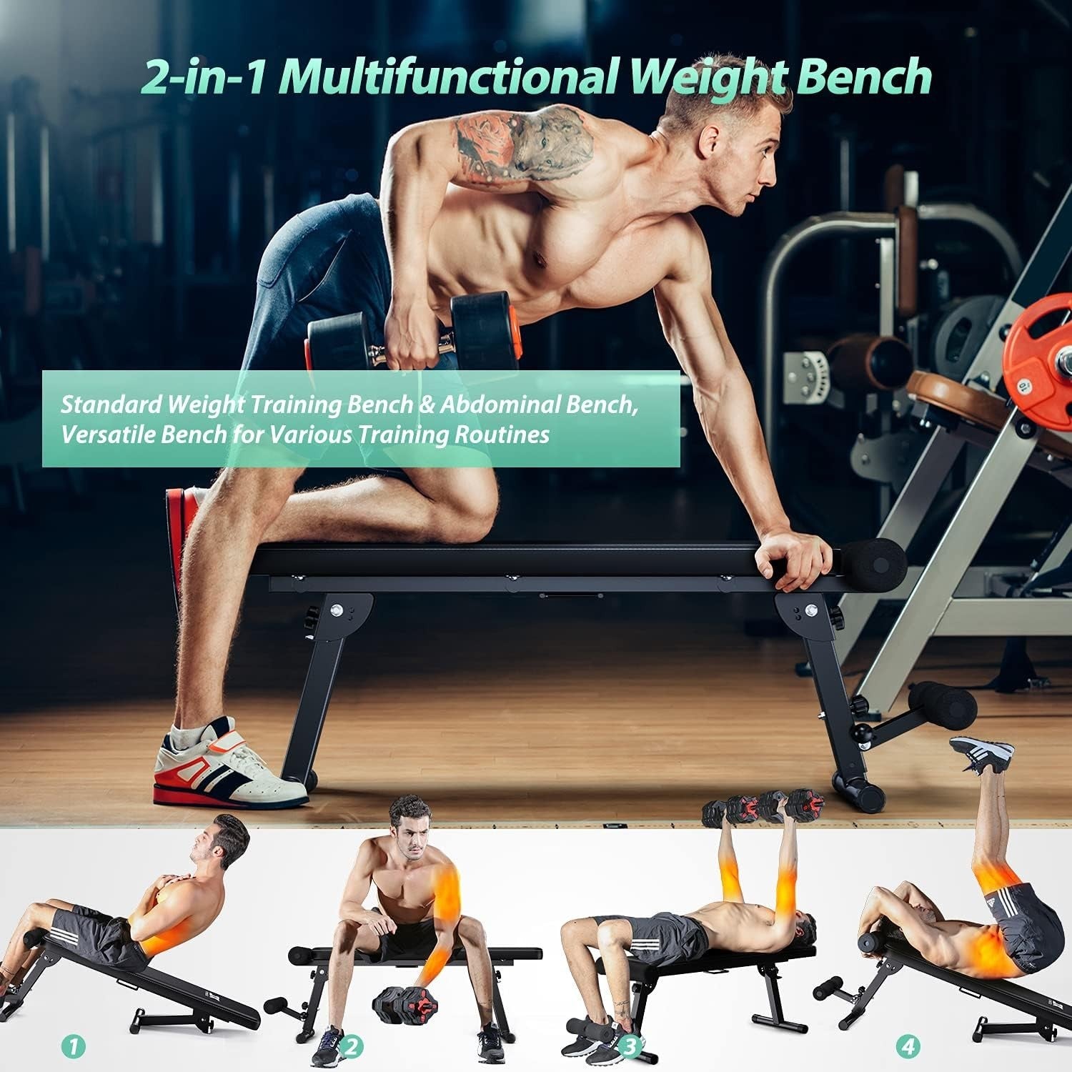Foldable Adjustable Workout Bench 600lb Flat Sit-Up Home Gym