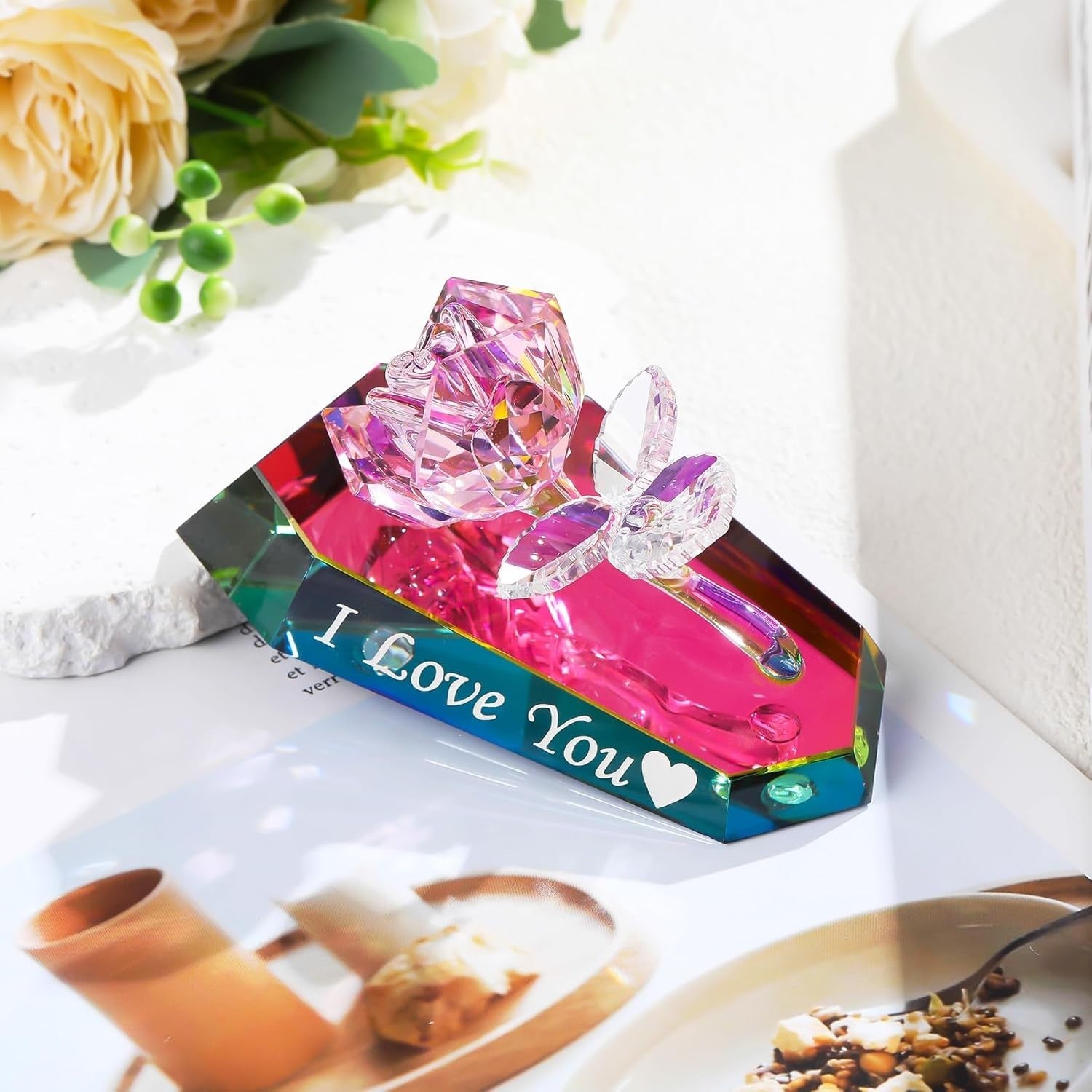 Romantic Crystal Rose Ornament “I Love You” – Multicolour Glass Gift for Her