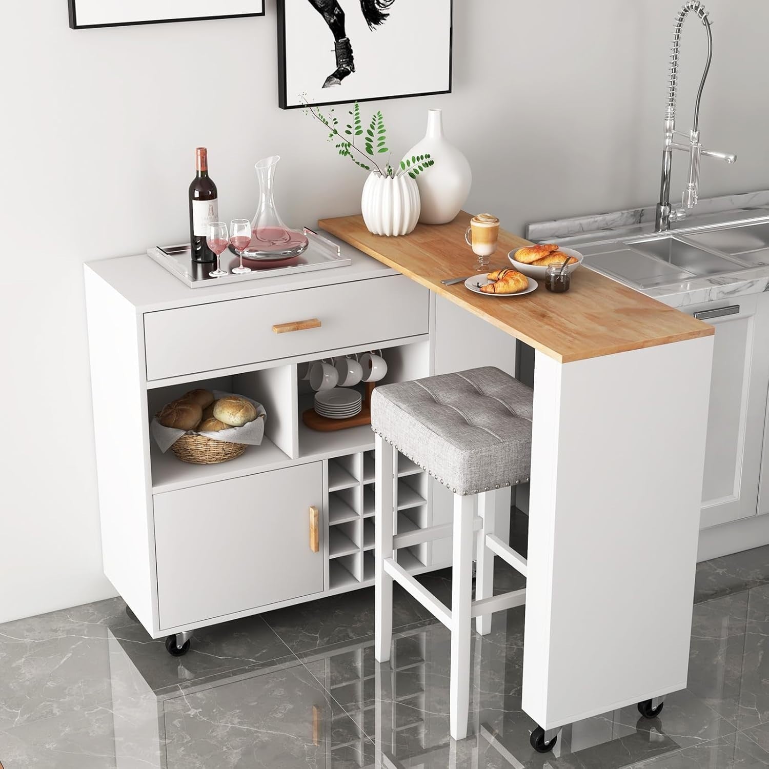 Large Kitchen Island Trolley w/ Wine Rack, Bar Table & Storage, White