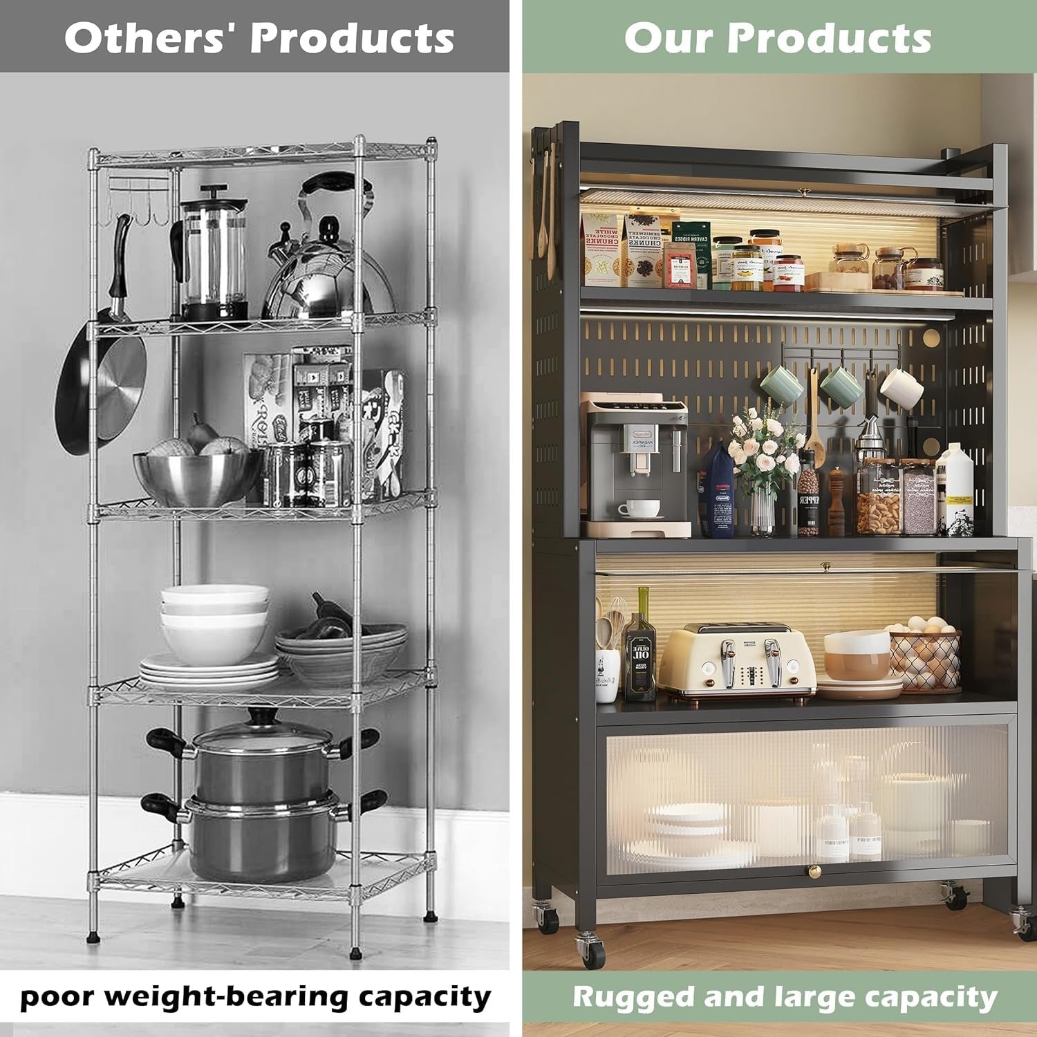 80x36x162cm Black 5-Tier Kitchen Baker's Rack with Flip Doors & Wheels