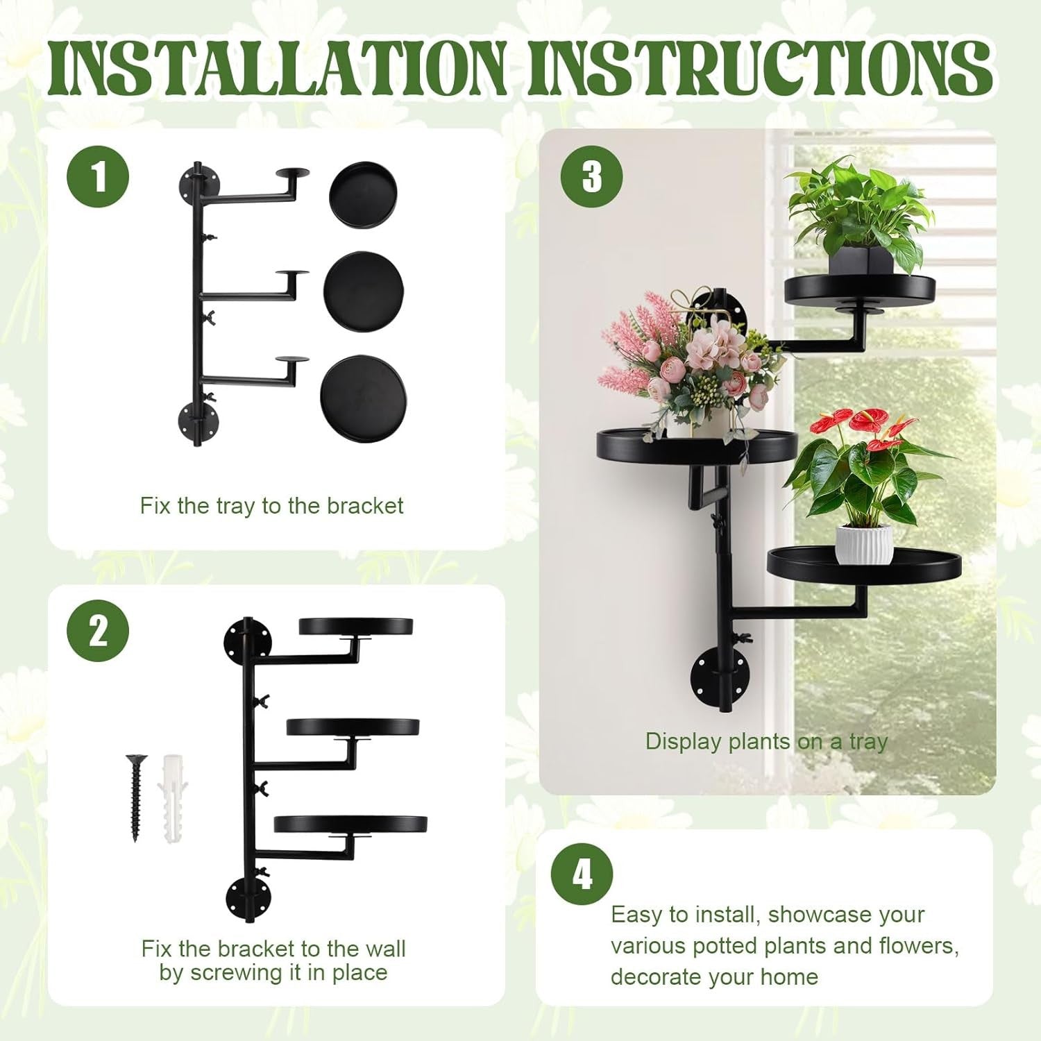 3 Tier Rotating Wall Mounted Metal Plant Stand Indoor Window Flower Shelf