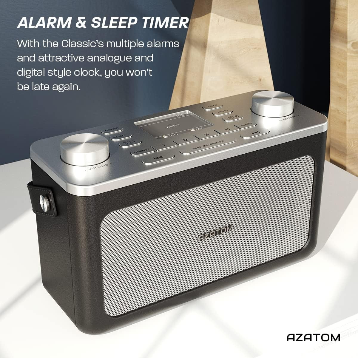 Black Silver DAB DAB+ FM Bluetooth Portable Radio Dual Alarm Leather Style