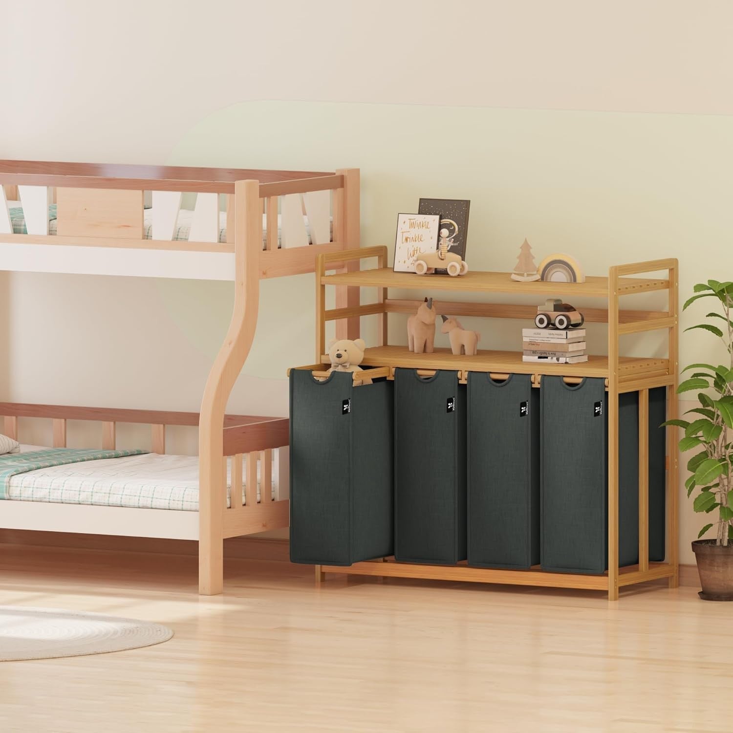 200L 4-Section Laundry Sorter Bamboo Frame Grey With Shelf Removable Bags