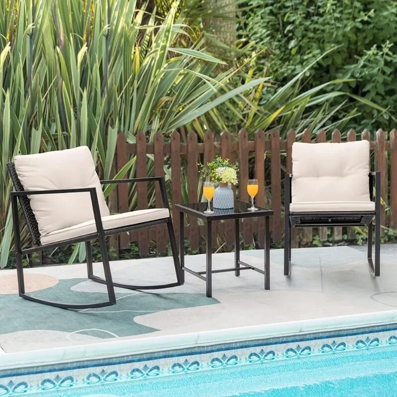 3PC Rattan Rocking Bistro Set w/ Cushions & Glass Table Garden Balcony