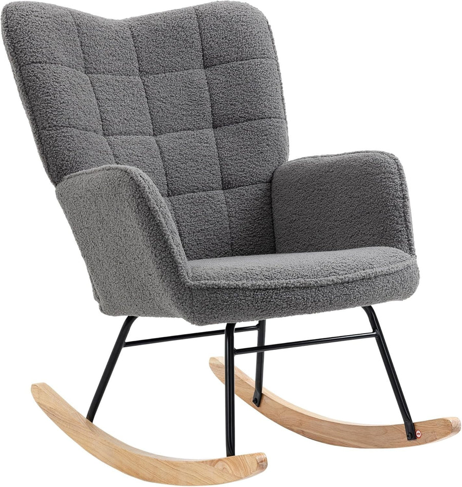 Fleece Wingback Rocking Chair with Wood Base – Comfy Lounge Armchair