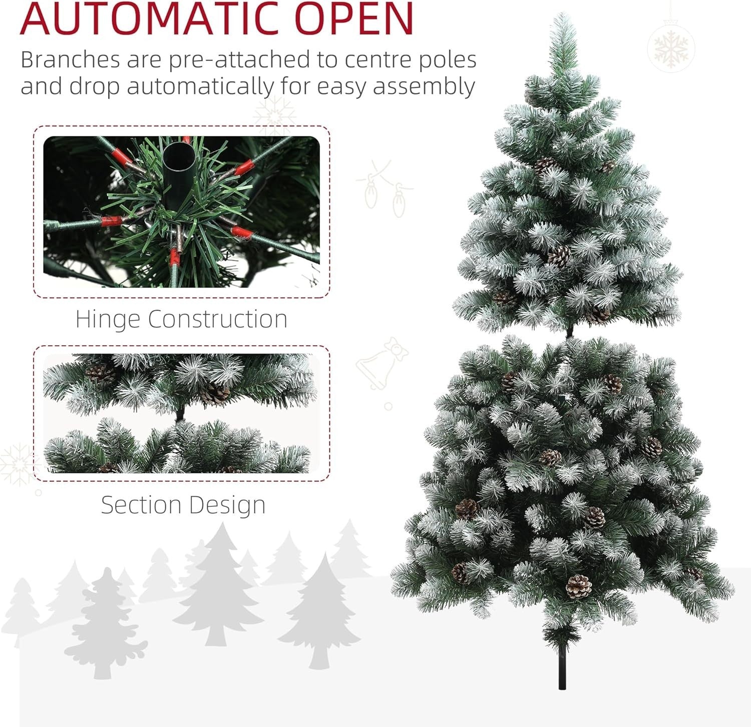 150cm Snow Dipped Pine Xmas Tree with Pinecones Hinged Branch Steel Base Decor