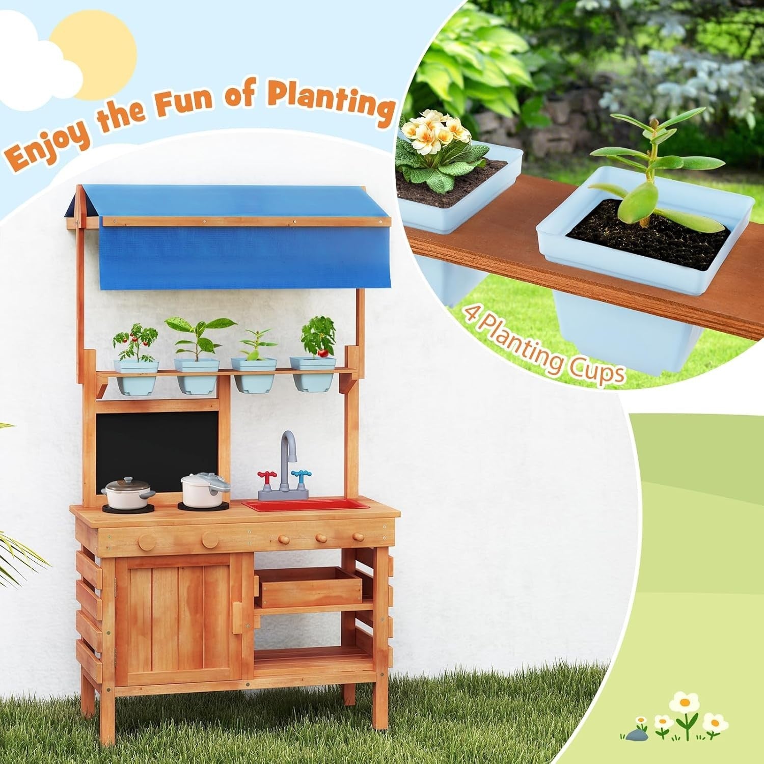 Kids Mud Kitchen Outdoor Wooden Potting Bench Sink Canopy Toy Set