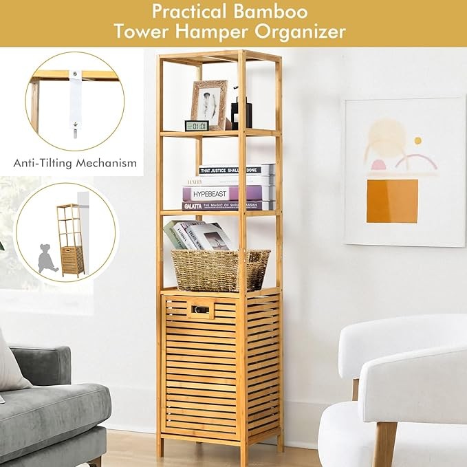 Bamboo Tilt-Out Laundry Hamper with Shelves, 3-Tier Organizer for Bathroom