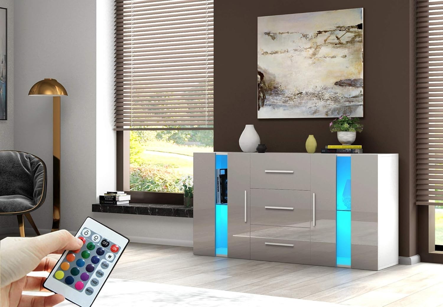 Modern Grey RGB LED Sideboard Cabinet 2 Doors 3 Drawers Storage Unit
