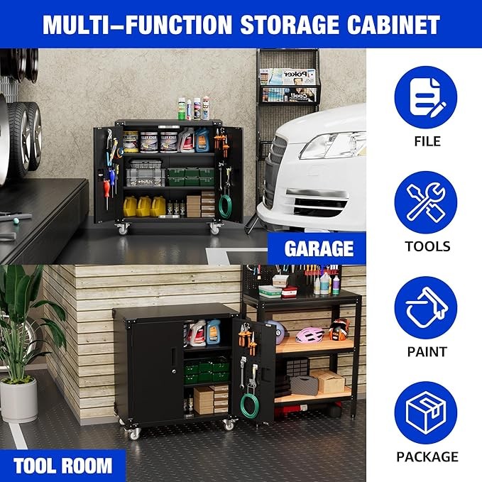 Metal Storage Cabinet with Wheels & Pegboard, Lockable Tool Cupboard with Adjust